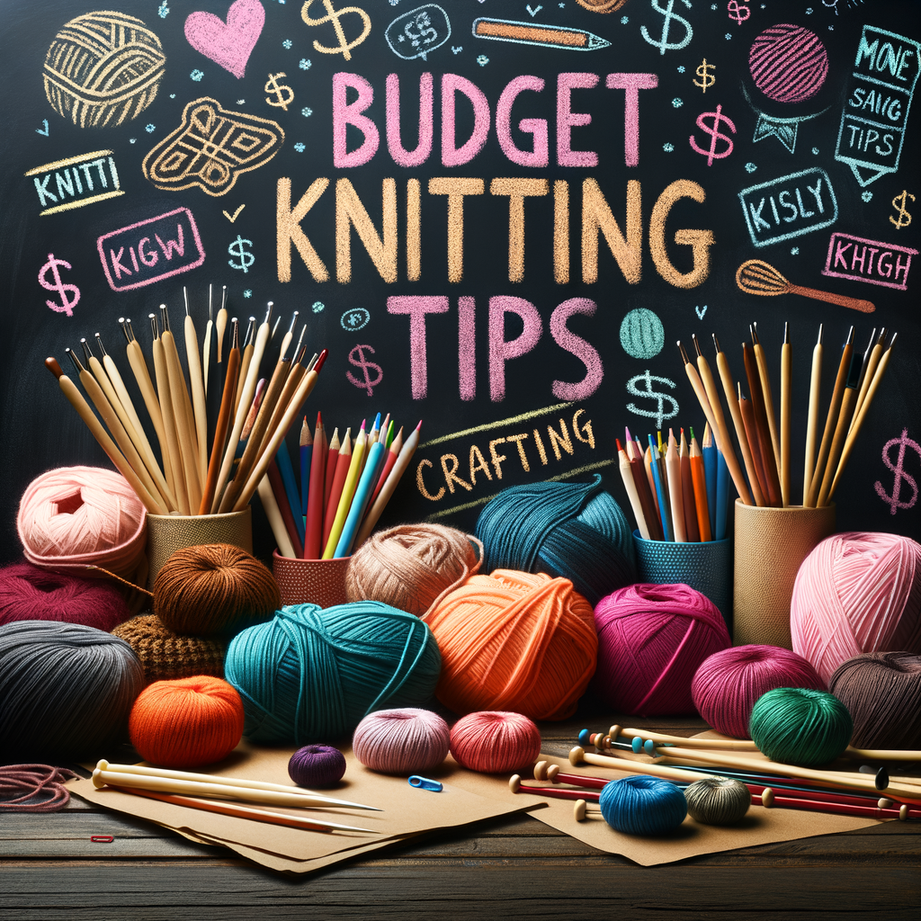 Affordable knitting supplies including yarns, needles, and patterns on a table, with a chalkboard featuring budget knitting tips, money-saving crafting, and thrifty crafting tips for economical craft ideas and low-cost knitting projects.