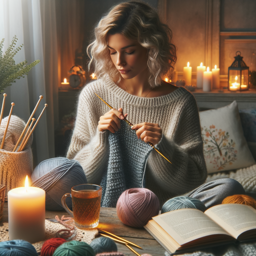 Individual practicing self-care through knitting for wellness, demonstrating the benefits of balancing hobbies and well-being, with elements of relaxation and mindfulness, promoting mental health and stress relief.