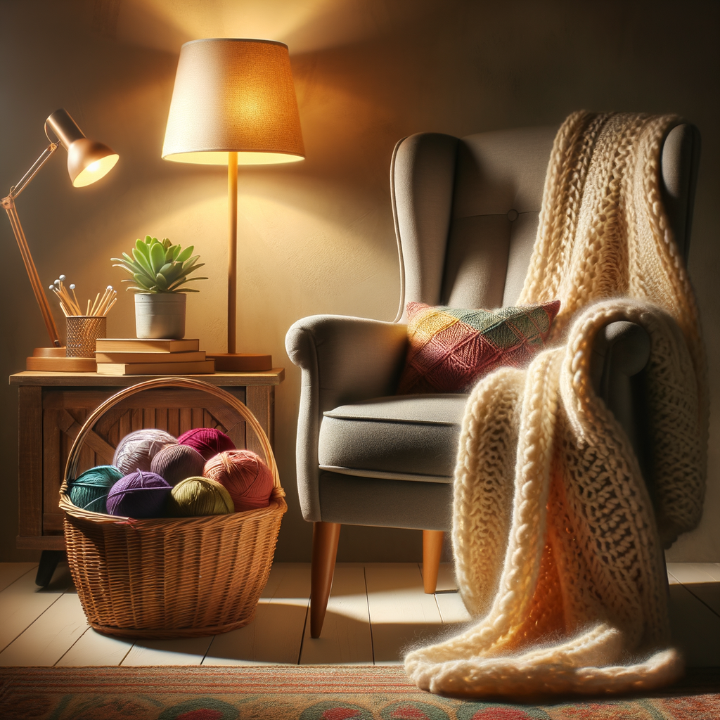 Cozy knitting space with comfortable chair, soft blanket, and basket of colorful yarns, enhancing knitting experience and creating a cozy crafting atmosphere.