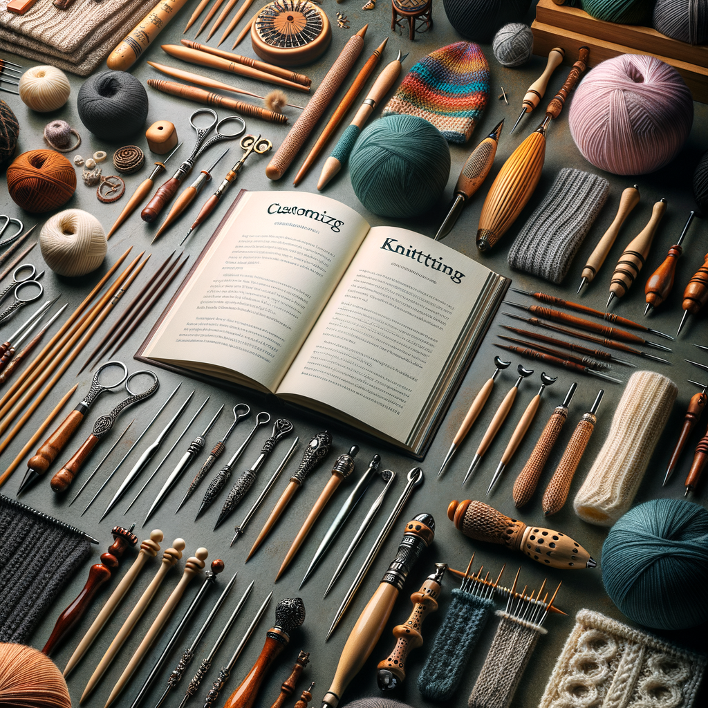 Variety of personalized knitting tools and custom knitting accessories with DIY knitting needles, handmade tools, and a book of knitting customization tips for personalizing your knitting equipment.