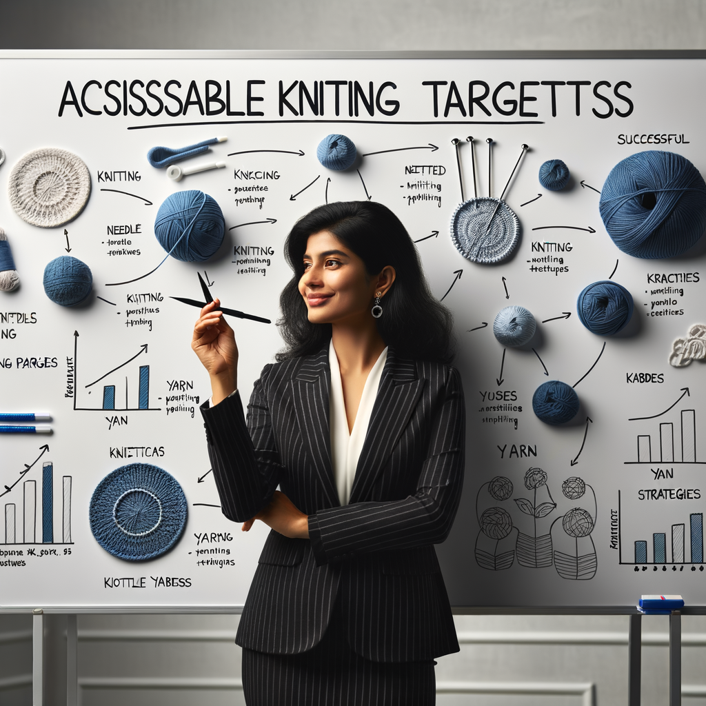 Professional woman setting achievable knitting targets on a whiteboard, illustrating knitting strategies and successful techniques for knitting goal setting and success in knitting