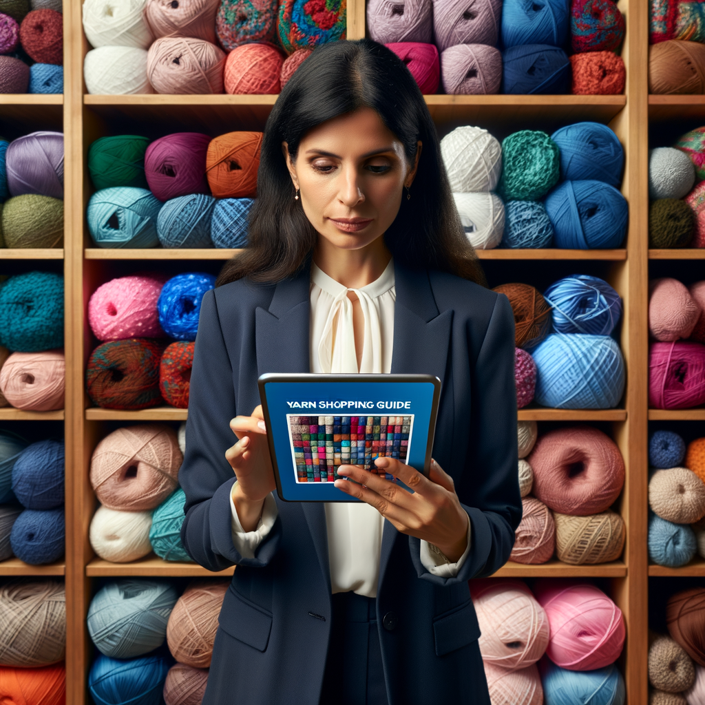 Professional woman using a Yarn Shopping Guide on her tablet in a yarn store, demonstrating efficient yarn shopping strategies and tips for choosing the right yarn and right amount for a project.