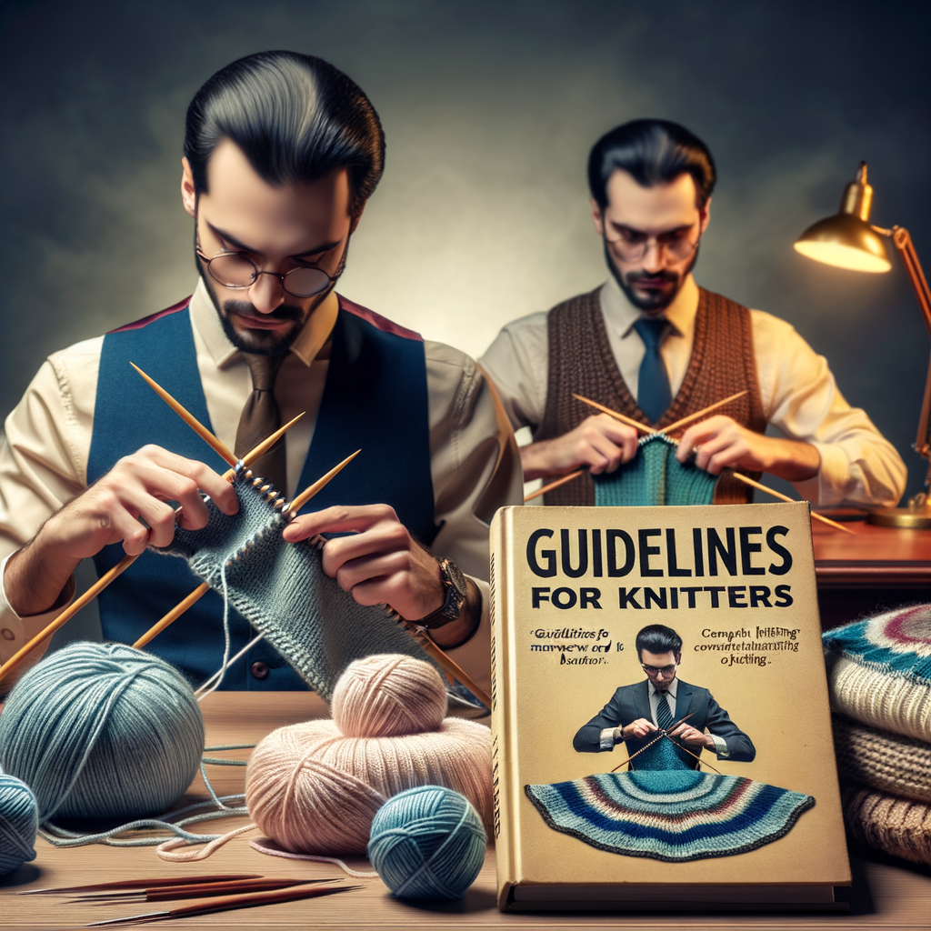 Professional knitter demonstrating proper knitting practices and etiquette, with 'Guidelines for Knitters' guidebook, highlighting crafters' dos and don'ts, knitting manners and behavior.
