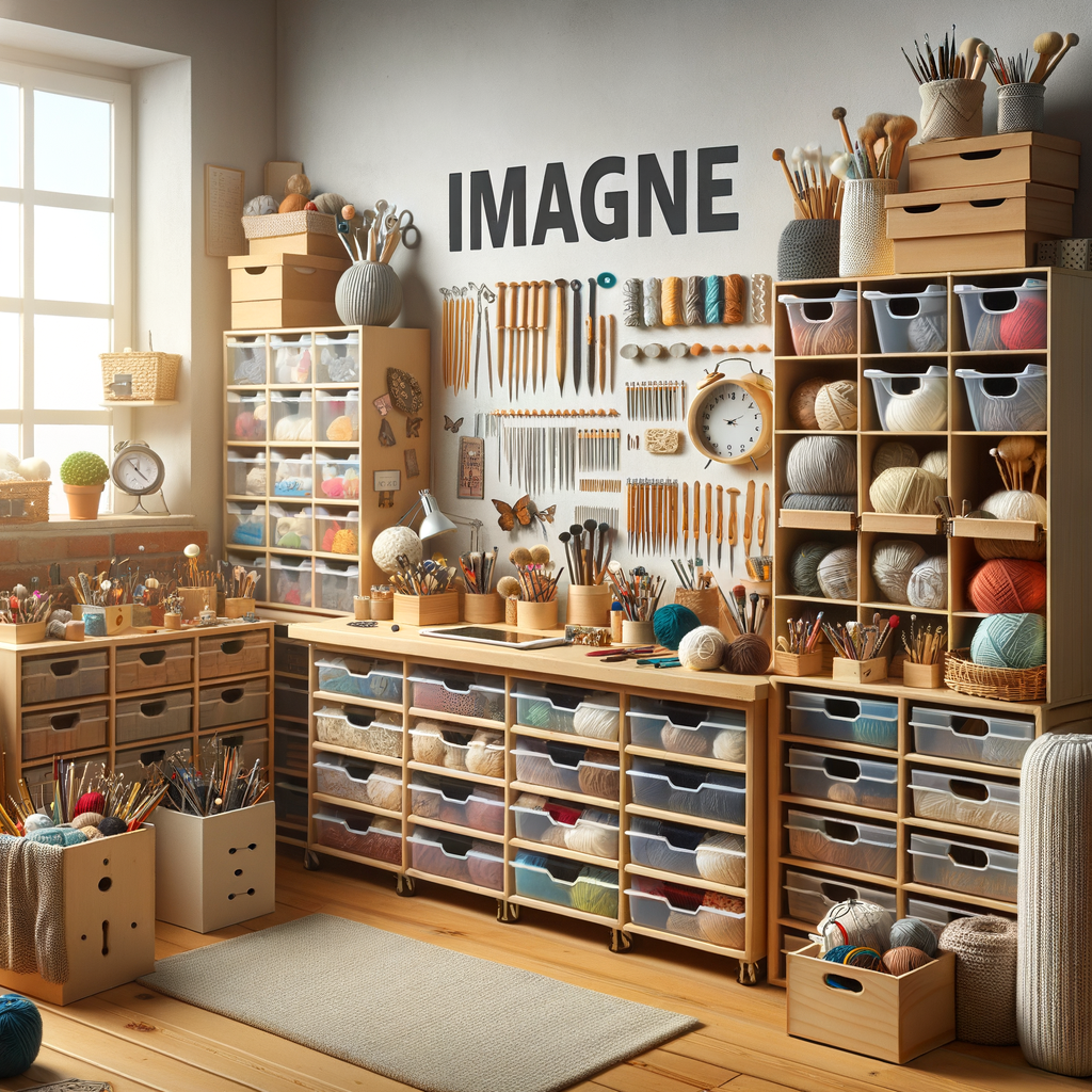 DIY craft space organization showcasing knitting tool storage, neatly arranged knitting supplies, and innovative DIY knitting tool ideas for a tidy and inspiring craft room.