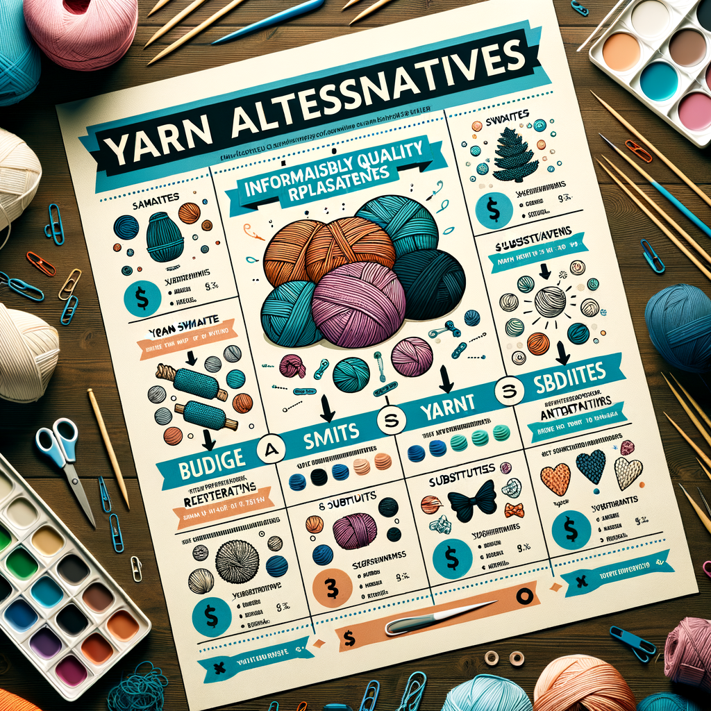 Infographic illustrating affordable yarn alternatives, budget yarn swaps, and economical yarn substitutes for cost-effective knitting, providing a clear yarn substitution guide for smart and budget-friendly knitting materials.