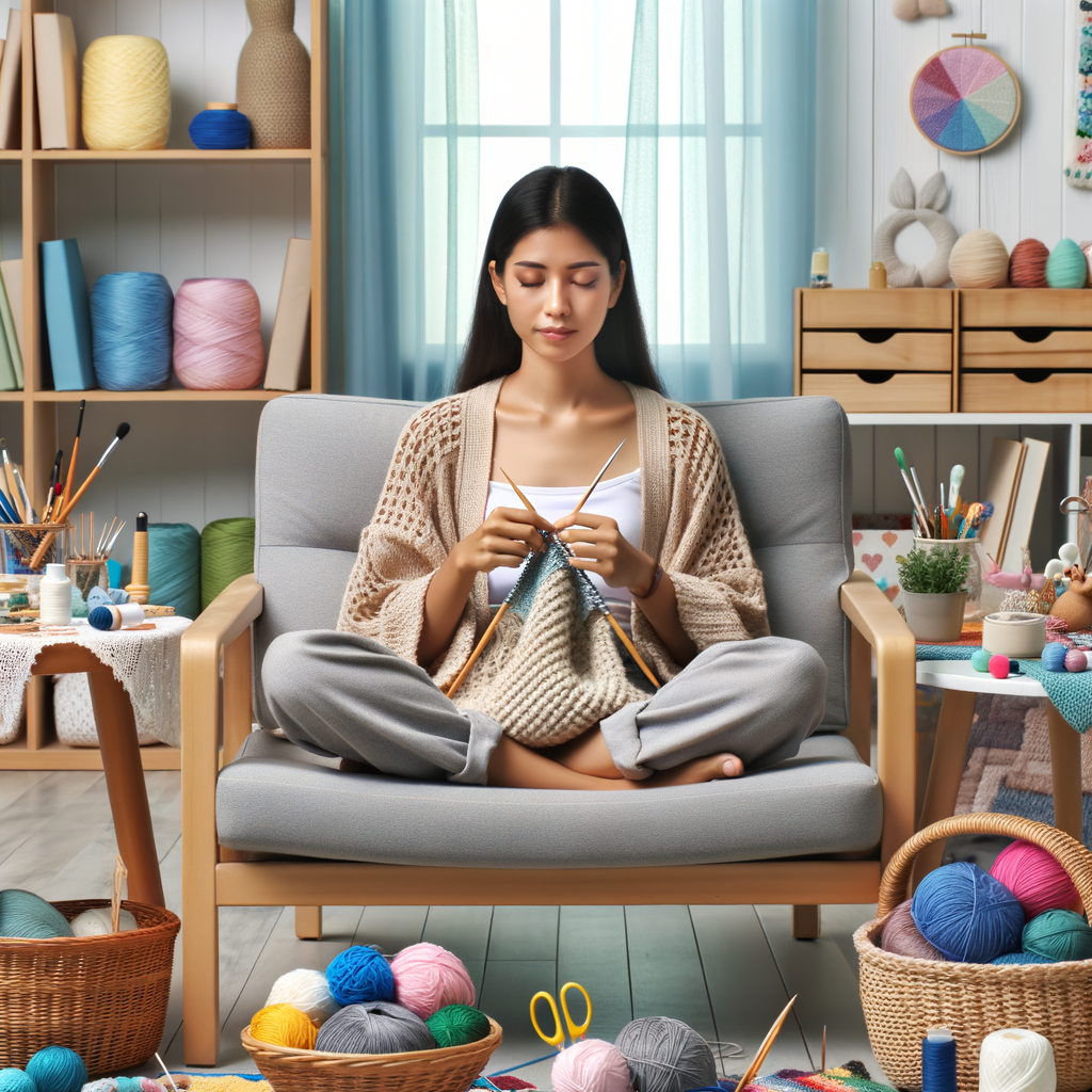 Woman experiencing stress relief through therapeutic knitting in a craft room, showcasing the benefits of knitting for mental health and stress management techniques.