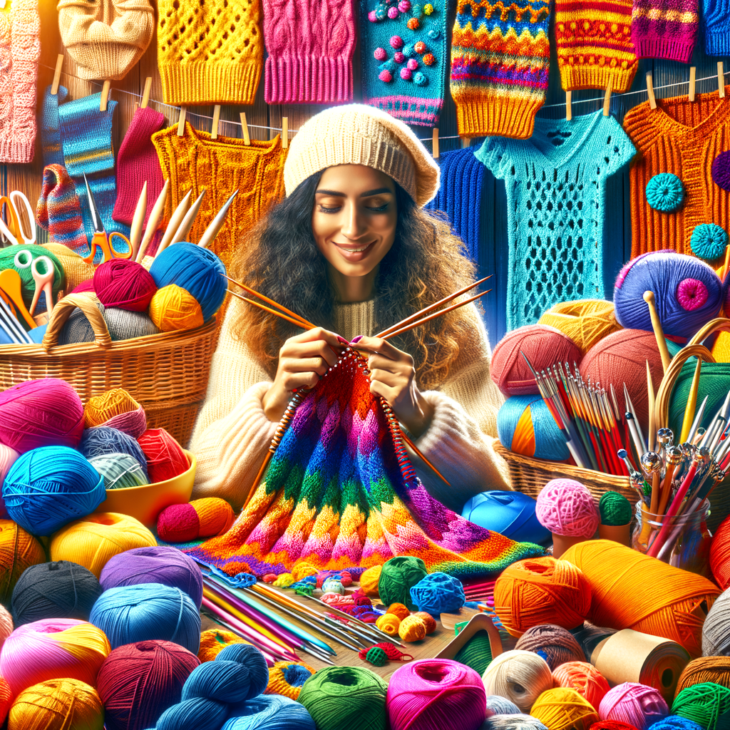 Woman joyfully knitting with affordable materials, showcasing budget knitting supplies, economical techniques, and creative ideas for DIY knitting on a budget to save money