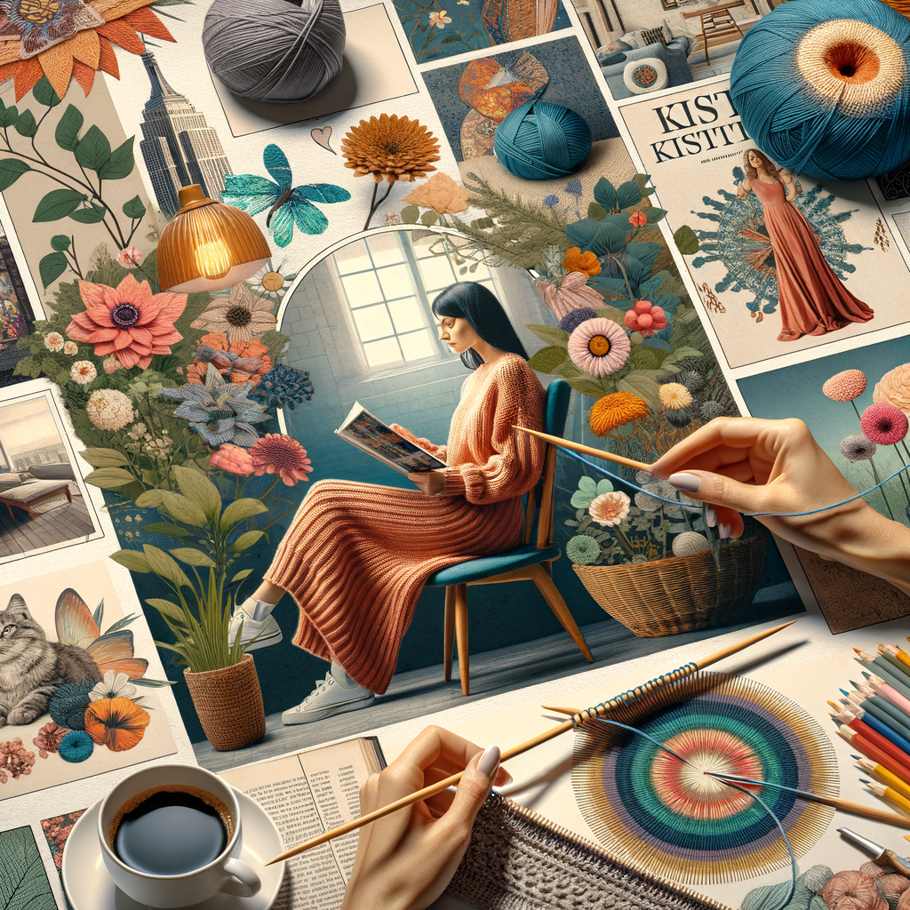 Vibrant collage of knitting inspiration sources from everyday life, showcasing creative knitting ideas and everyday knitting projects in progress, highlighting knitting creativity in daily life.