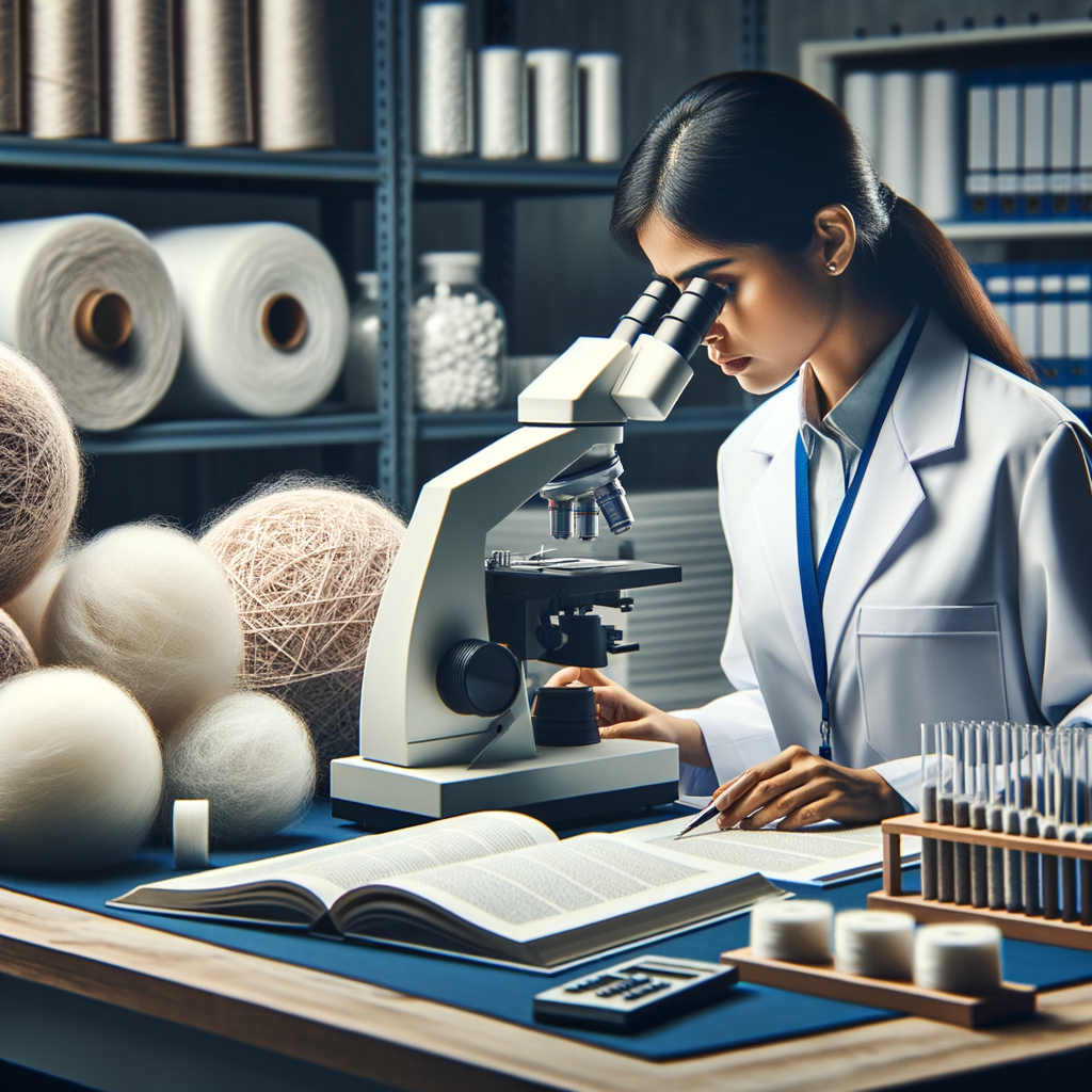 Professional researcher in a laboratory examining new fiber types under a microscope, with 'Fiber Material Exploration' guidebook, illustrating tips for fiber experimentation and discovery of new types of fibers.