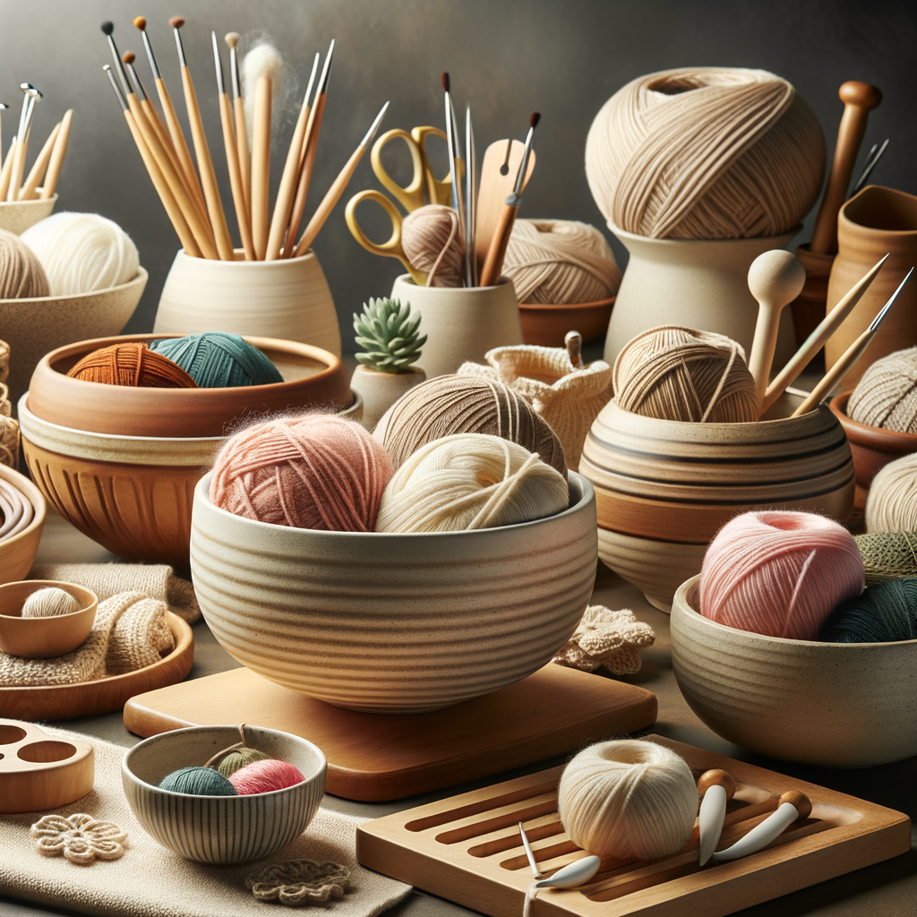 Selection of the best yarn bowls including ceramic and wooden options, neatly arranged with knitting accessories and crocheting tools, showcasing perfect yarn storage solutions as per yarn bowl reviews for a yarn bowl buying guide.