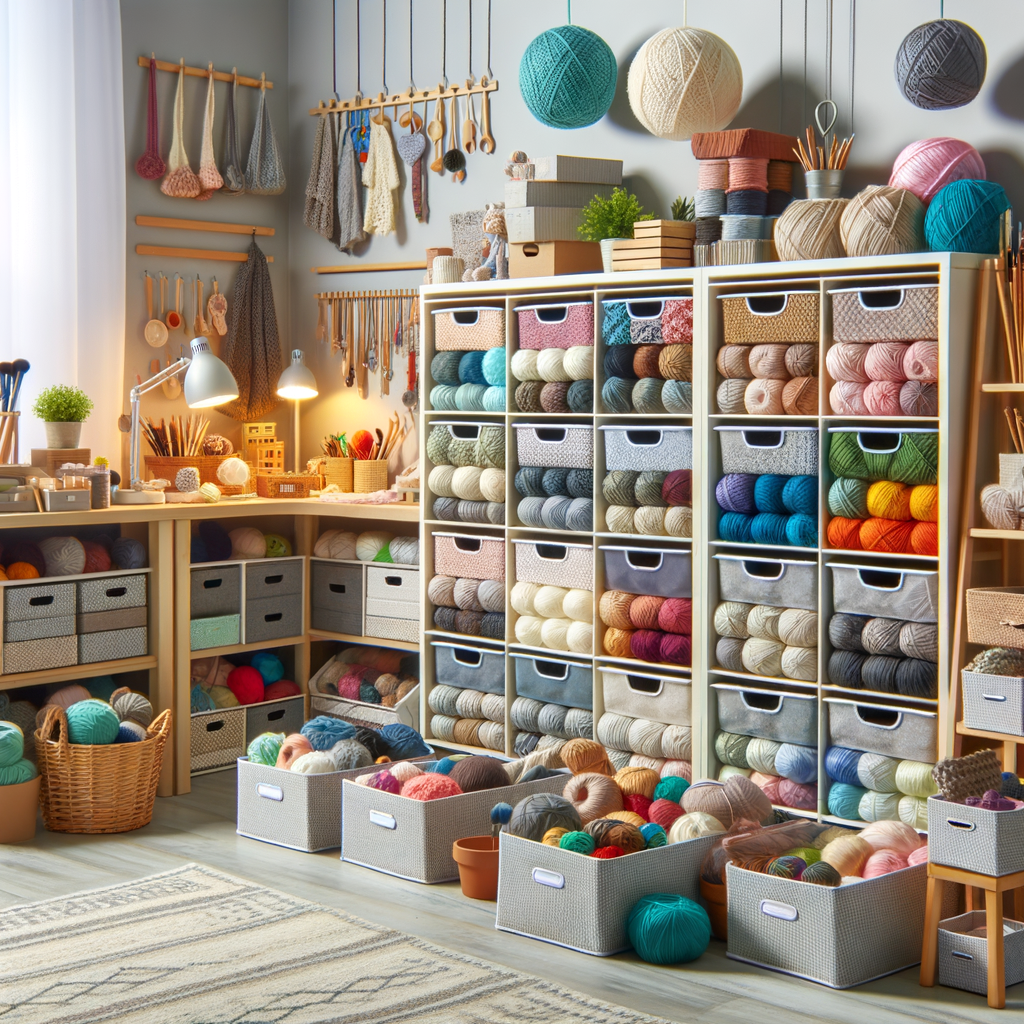 Neat yarn storage solutions and DIY yarn organization ideas in a clean craft room, showcasing tips for organizing knitting and crochet supplies for effective yarn stash management.