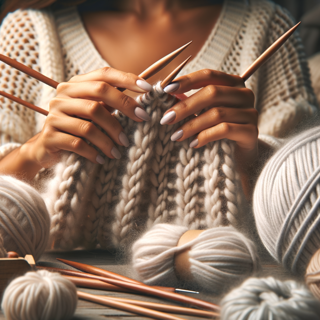 Close-up of hands knitting with soft, fluffy brushed yarn on wooden needles, highlighting intricate patterns and techniques in a cozy, professional workspace.