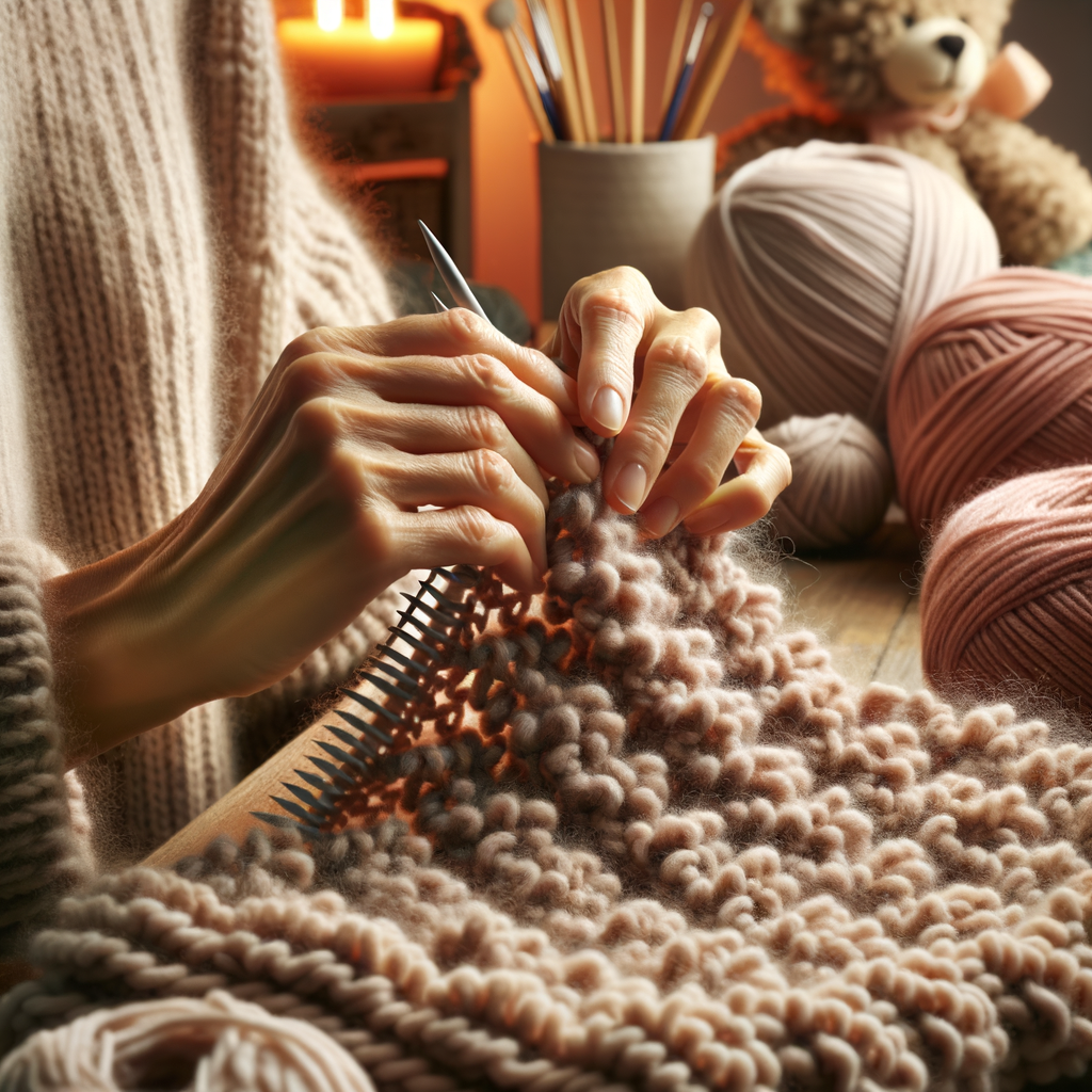 Close-up of hands knitting with chenille yarn, showcasing intricate patterns and techniques in a cozy workspace with various chenille yarn projects and tools.