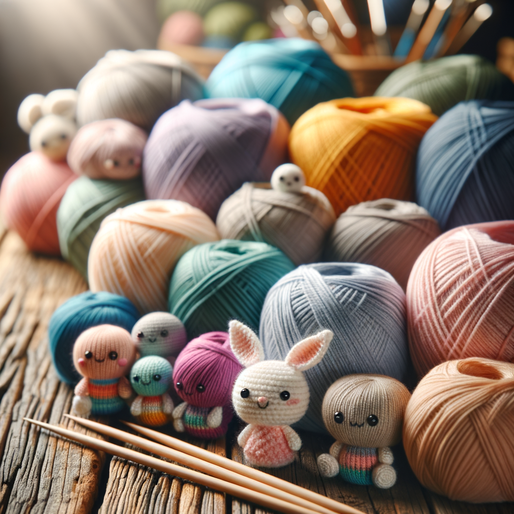 Close-up of colorful yarn skeins on a wooden table, ideal for amigurumi knitting, with needles and figures in the background; perfect for beginners and experienced crafters.