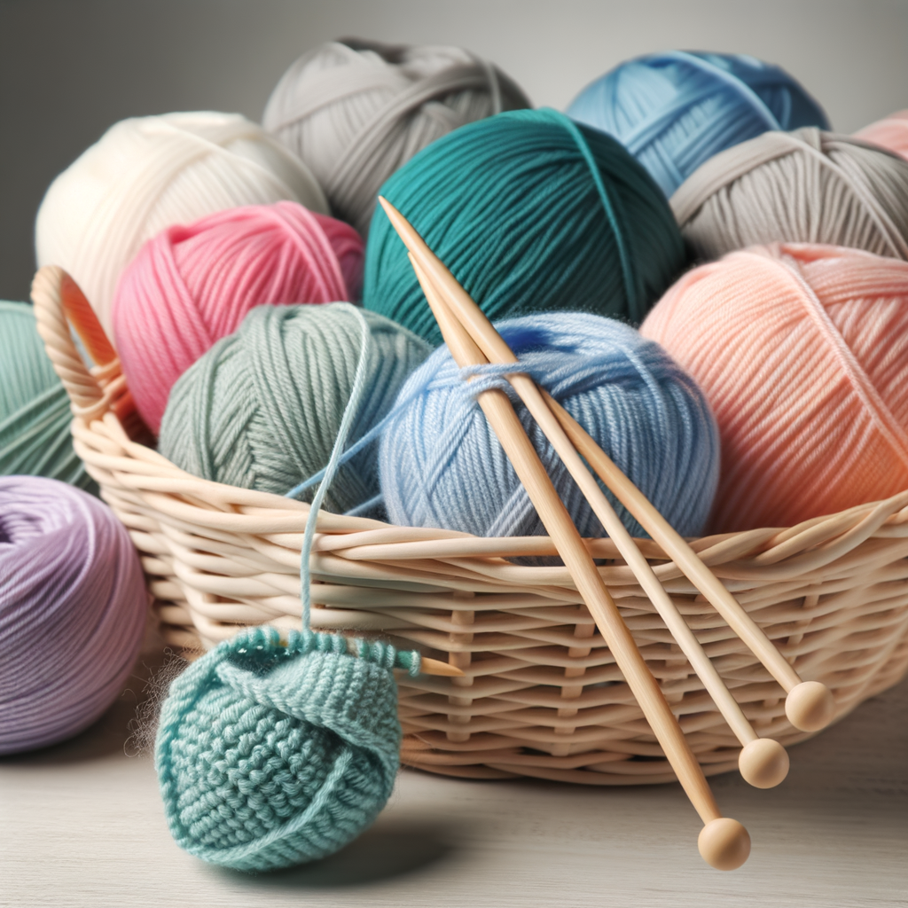 Hypoallergenic, organic, non-toxic yarn balls in a basket with knitting needles and a partially knitted baby toy, showcasing the best yarn for knitting baby toys.